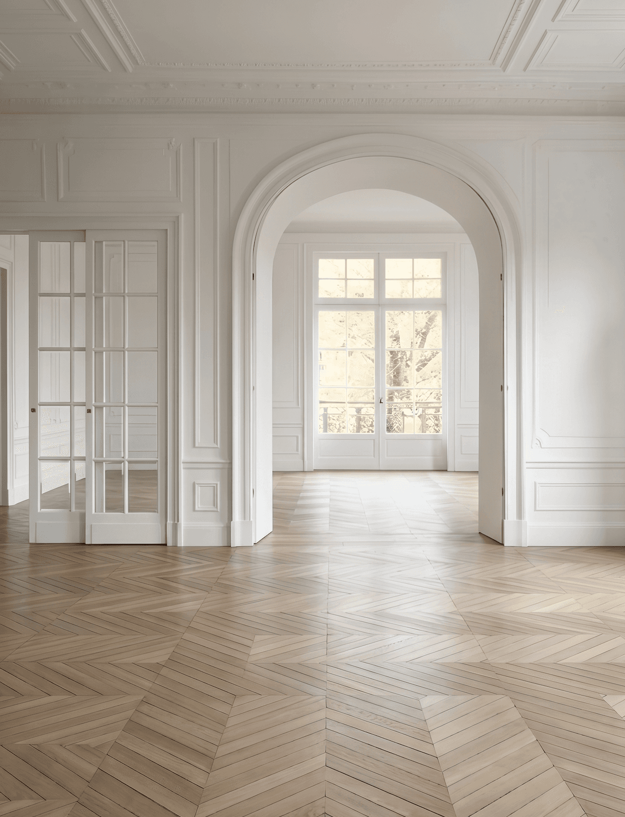 An empty Parisian room with cream walls, parquet flooring and an arched doorway